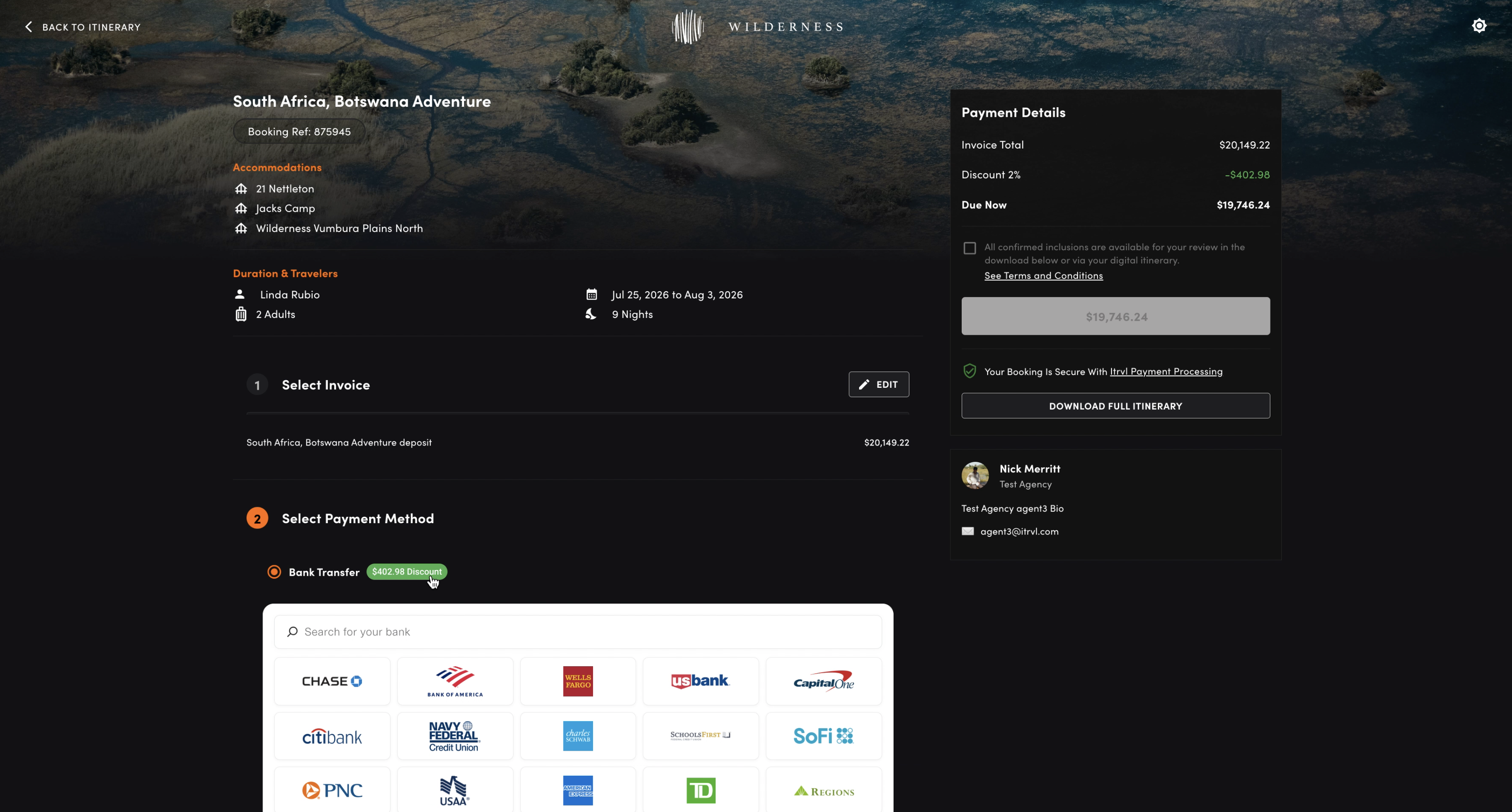 Payment portal showing South Africa, Botswana Adventure booking with bank selection interface